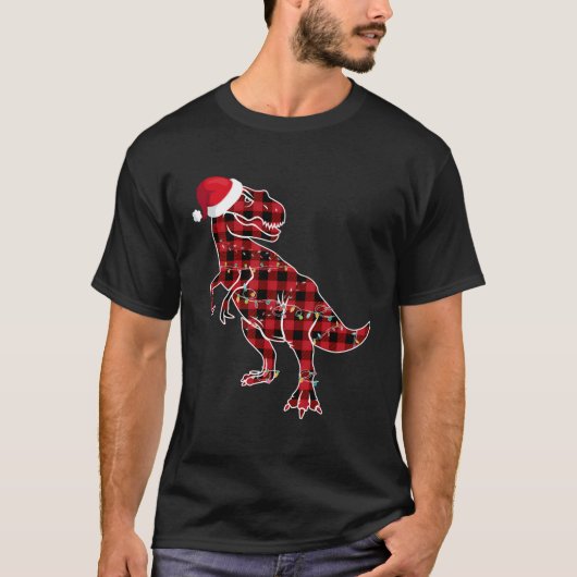 Red Kariert Dinosaur T Rex Christmas Lights Pajama T-Shirt (Vorderseite)