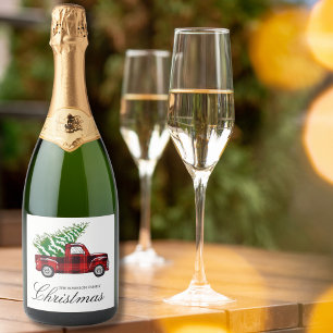 Red Kariert Elegante Script Vintag Truck Weihnacht Schaumweinetikett