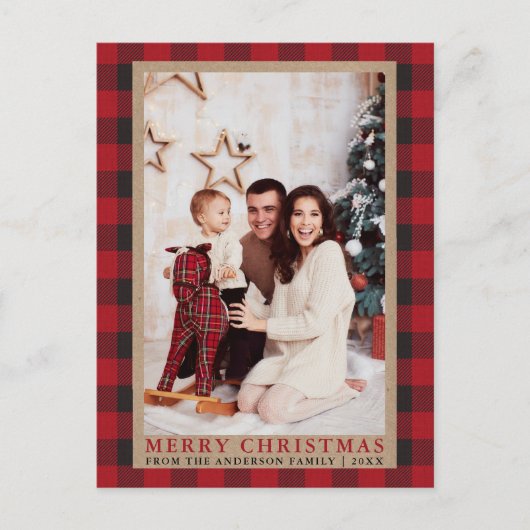 Red Kariert Family Foto Frohe Weihnachts Kraft Postkarte (Vorderseite)