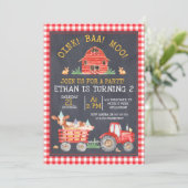 Red Kariert Farm Traktor Chalkboard Geburtstag Einladung (Stehend Vorderseite)