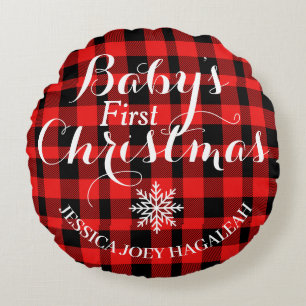 Red Kariert First Christmas Personalisiert Baby Fo Rundes Kissen