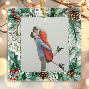 Red Kariert Gingham Foto 1. Weihnachten Verheirate Keramikornament