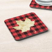 Red Kariert Gold Maple Leaf Getränkeuntersetzer (Linke Seite)
