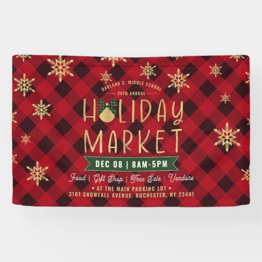 Red Kariert Gold Snowflags Holiday Market Banner (Horizontal)