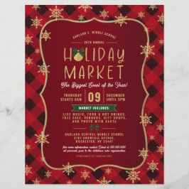 Red Kariert Gold Snowflake Holiday Market Flyer
