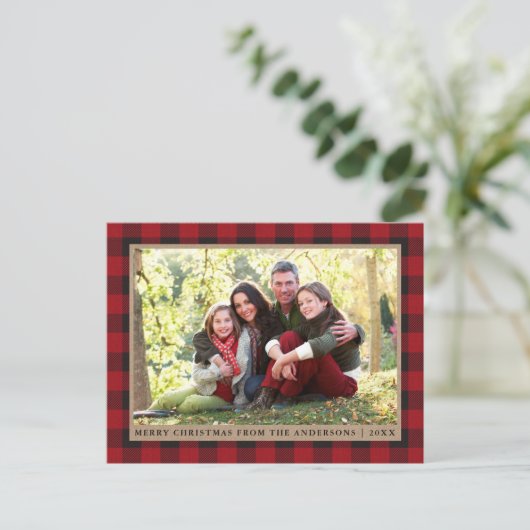 Red Kariert Kraft Family Foto Frohe Weihnachten Postkarte (Stehend Vorderseite)