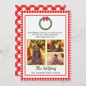 Red Kariert Kranz mit Bow Foto Weihnachtskarte Ankündigung (Vorne/Hinten)