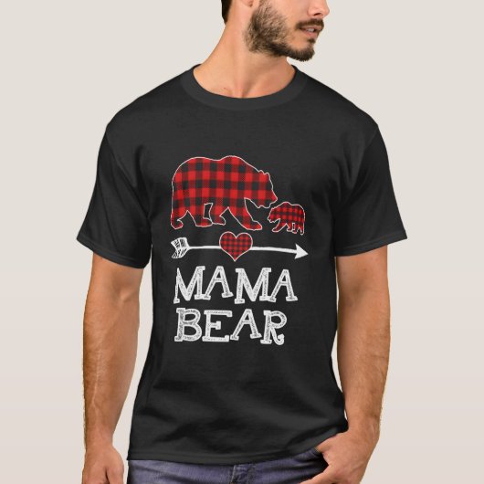 Red Kariert Mama Bear One Cub Matching Buffalo Paj T-Shirt (Vorderseite)