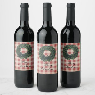 Red Kariert Merry Christmas Typografy Wreath Weinetikett