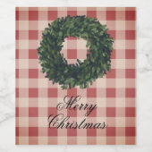 Red Kariert Merry Christmas Typografy Wreath Weinetikett (Einzelnes Label)
