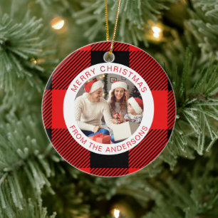 Red Kariert Modern Einfache Weihnachtsfamilie 2 Fo Keramik Ornament