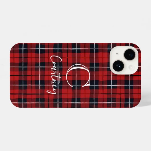 Red Kariert Modern Monogram Phone Case iPhone Hülle (Rückseite (Horizontal))
