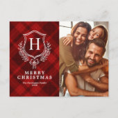 Red Kariert Monogram Foto Christmas Feiertagspostkarte (Vorderseite)