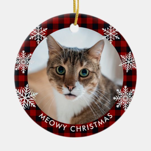Red Kariert Pattern Cat Foto Meowa Weihnachten Keramik Ornament (Vorne)
