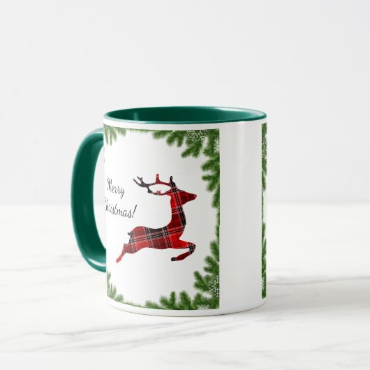 Red Kariert Reindeer Frohe Weihnachtsfeiertage Tasse (Vorderseite Links)