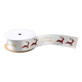 Red Kariert Reindeer White Satin Christmas Wrap Satinband