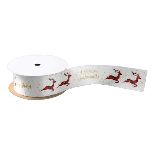 Red Kariert Reindeer White Satin Christmas Wrap Satinband