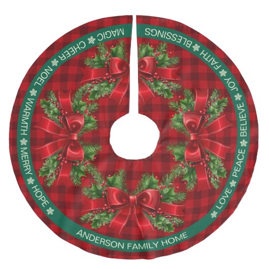 Red Kariert Ribbon Holly Festive Words Weihnachten Polyester Weihnachtsbaumdecke (Vorderseite)