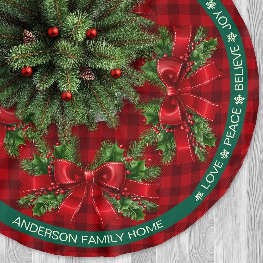 Red Kariert Ribbon Holly Festive Words Weihnachten Polyester Weihnachtsbaumdecke