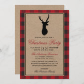 Red Kariert Rustic Christmas Party Kraft Einladung (Vorne/Hinten)
