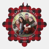 Red Kariert Rustic Happy Holidays Foto Ornament Karte (Vorderseite)