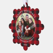 Red Kariert Rustic Happy Holidays Foto Ornament Karte (Linke Ecke)