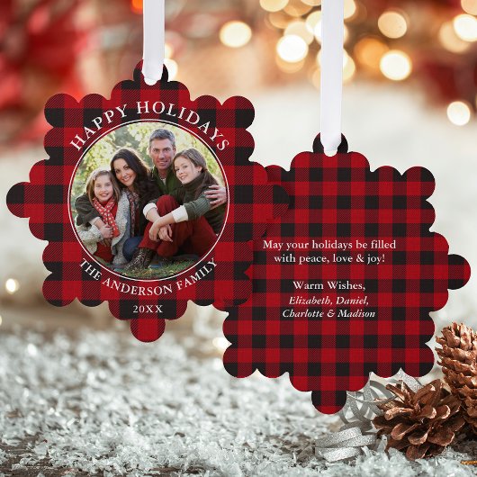 Red Kariert Rustic Happy Holidays Foto Ornament Karte