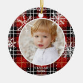 Red Kariert Snowflake Foto Name Year Keramik Ornament (Vorne)