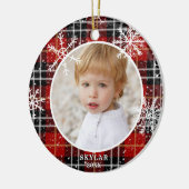 Red Kariert Snowflake Foto Name Year Keramik Ornament (Links)