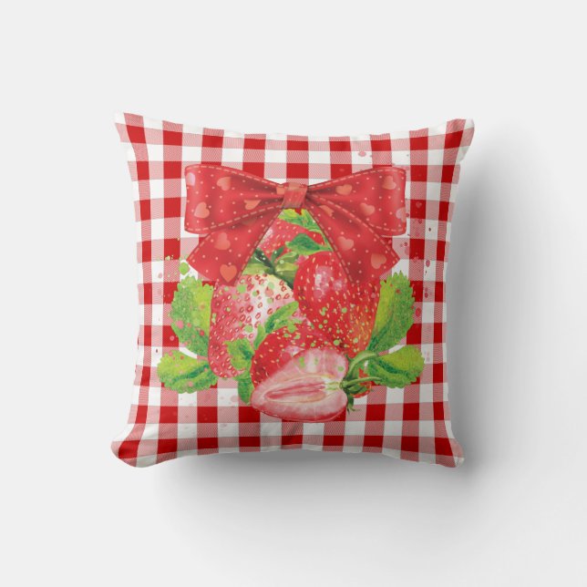 Red Kariert Strawberry Summer Kissen (Vorderseite)