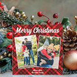 Red Kariert Tartan Frohe Weihnachten 2 Foto<br><div class="desc">Ein klassisches kariertes Tartan-Muster hinter Ihrer 2-Zimmersenkrechten Familienkollage für eine festliche,  traditionelle Frohe Weihnachtskarte. Einfache und schöne Weihnachtskarten mit zwei Fotos.</div>