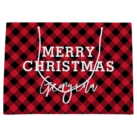 Red Kariert Tartan Name Christmas Große Geschenktüte (Vorderseite)