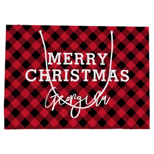 Red Kariert Tartan Name Christmas Große Geschenktüte (Rückseite)