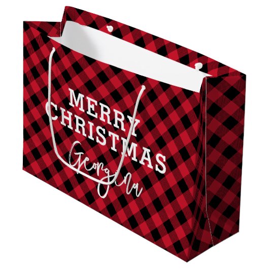 Red Kariert Tartan Name Christmas Große Geschenktüte (Vorderseite Schrägansicht)