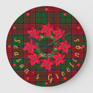 Red Kariert Tartan Poinsettia Weihnachten Große Wanduhr