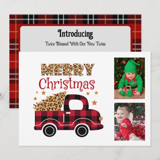 Red Kariert Truck Twins Birth Ankündigung Weihnach (Vorne/Hinten)