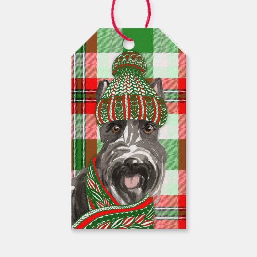 Red Kariert und Scottish Terrier Dog Weihnachten Geschenkanhänger (Vorderseite)
