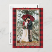 Red Kariert Wedding Foto Merry Christmas Kraft Postkarte (Vorne/Hinten)