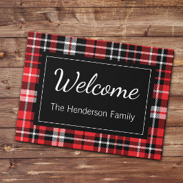 Red Kariert Welcome Mit Monogramm Familienname Doo Fußmatte