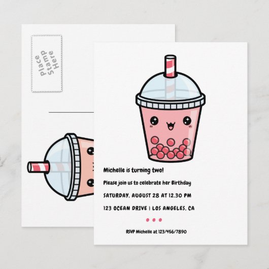 Red Kawaii Bubble Tee Geburtstagsparty Postcard Postkarte (Vorne/Hinten)