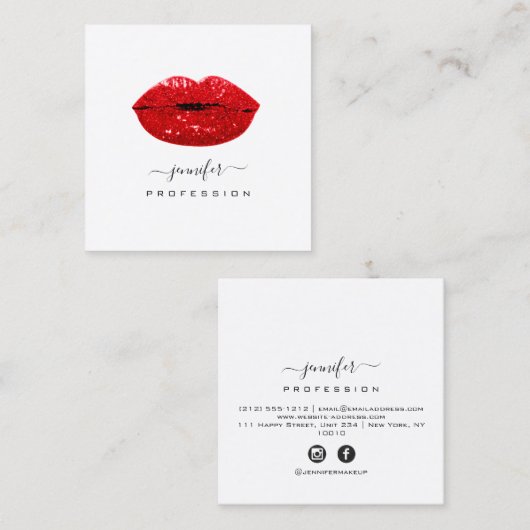 Red KISS LIPS Makeup Artist White Social Media Quadratische Visitenkarte (Vorne/Hinten)