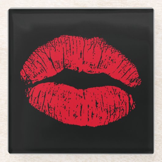 Red Kissing Lips auf schwarz Glasuntersetzer (Vorderseite)