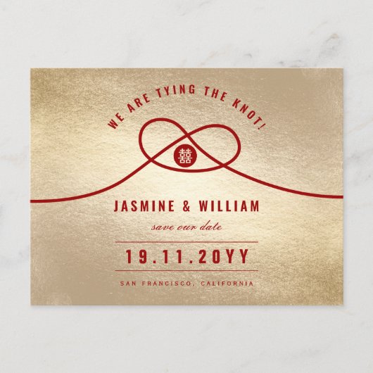 Red Knot Double Happy Chinese Save the Date Ankündigungspostkarte (Vorderseite)