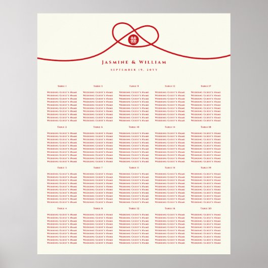 Red Knot Double Happy Wedding Seating Chart Poster (Vorne)