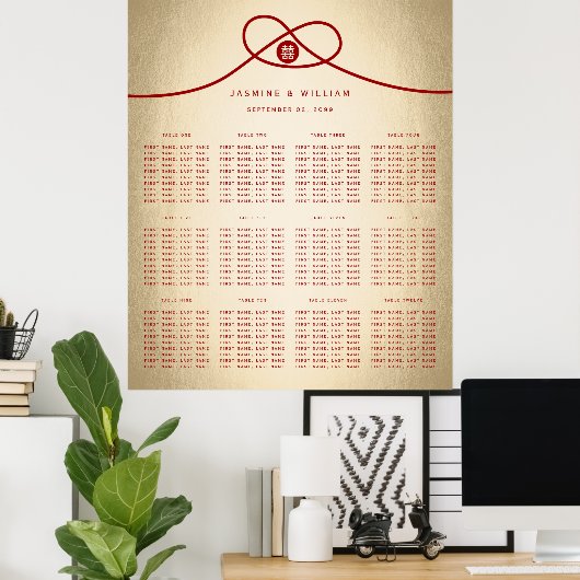 Red Knot Double Happy Wedding Seating Chart Poster (Heimbüro)