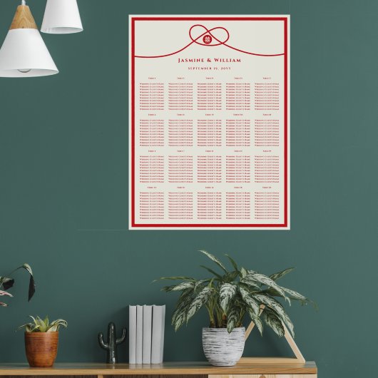 Red Knot Double Happy Wedding Seating Chart Poster (Wohnzimmer 1)