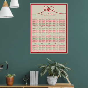 Red Knot Double Happy Wedding Seating Chart Poster