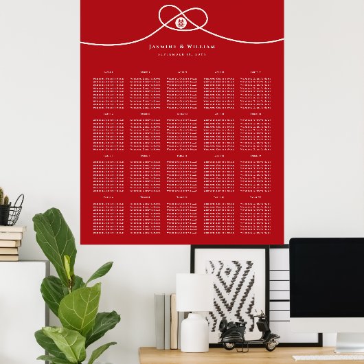Red Knot Double Happy Wedding Seating Chart Poster (Heimbüro)