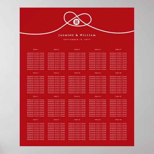 Red Knot Double Happy Wedding Seating Chart Poster (Vorne)