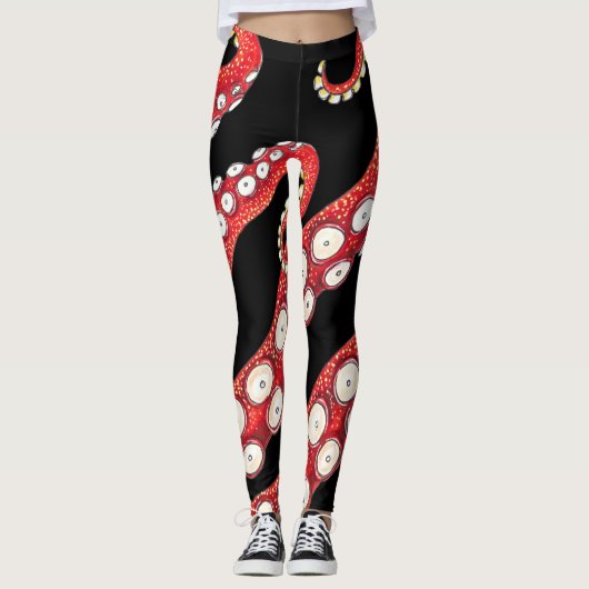 Red Kraken Octopus Tentacles Black Leggings (Vorderseite)